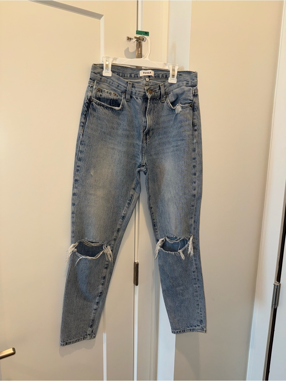 pistola Women's Boyfriend Jeans with Knee Rips in Light Blue Wash